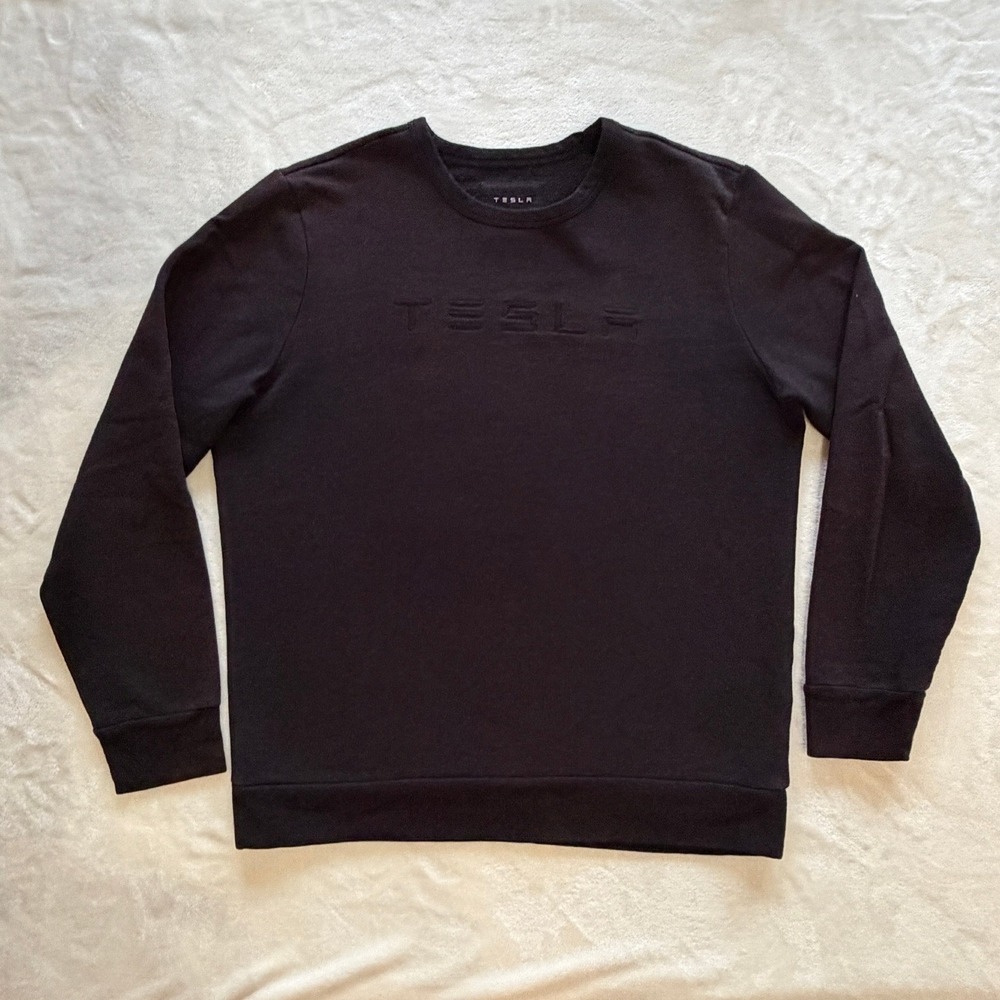 Tesla Black Embossed Logo Fleece Crewneck‎ Sweatshirt Mens Large Excellent